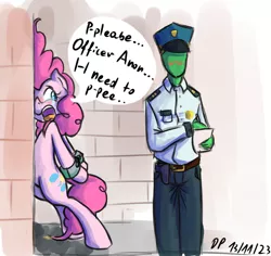 Size: 764x722 | Tagged: against wall, artist:datponypl, bipedal leaning, blushing, bondage, crying, cuffs, desperation, dialogue, drawthread, leaking, need to pee, oc, oc:anon, omorashi, open mouth, pinkie pie, pissing, police, potty dance, potty emergency, potty time, public urination, snot, speech bubble, suggestive, trotting in place, urine