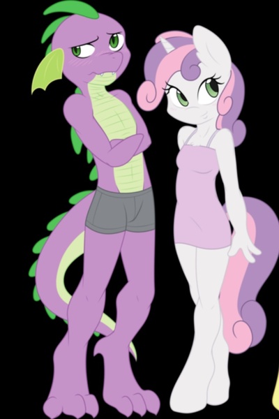 Size: 640x960 | Tagged: safe, artist:ambris, derpibooru import, spike, sweetie belle, anthro, unguligrade anthro, bare chest, blushing, boxer briefs, chest fluff, clothes, female, hooves, male, nervous, nightgown, older, shipping, smiling, spikebelle, standing, straight, topless, underwear