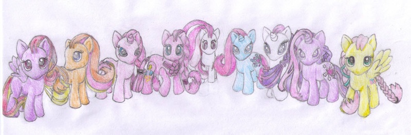 Size: 1036x342 | Tagged: artist:orgetzu, colored pencil drawing, derpibooru import, feathermay, fluttershy, honeybuzz, pinkie pie, plumsweet, rarity, safe, snowcatcher, traditional art, twilight sparkle, twinkleshine