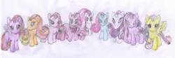 Size: 1036x342 | Tagged: artist:orgetzu, colored pencil drawing, derpibooru import, feathermay, fluttershy, honeybuzz, pinkie pie, plumsweet, rarity, safe, snowcatcher, traditional art, twilight sparkle, twinkleshine