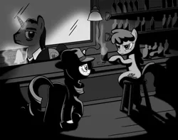 Size: 1425x1125 | Tagged: angry, artist needed, ashtray, bar, berry punch, berryshine, black and white, booze, cigar, clothes, derpibooru import, detective, detective rarity, drunk, fedora, grayscale, hat, hilarious in hindsight, noir, rarity, safe, smoking, trenchcoat