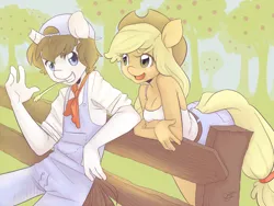 Size: 1200x900 | Tagged: safe, artist:dahliabee, derpibooru import, applejack, ponified, anthro, earth pony, unicorn, apple, breasts, broken horn, cap, clothes, crossover, fence, food, freckles, harvest moon, hat, shirt, shorts, signature, smiling, tree