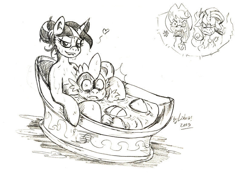 Size: 800x580 | Tagged: suggestive, artist:bylisboa, derpibooru import, applejack, rarity, spike, twilight sparkle, dragon, semi-anthro, unicorn, angry, applespike, bath, bathtub, bedroom eyes, dripping, female, hair bun, heart, jealous, male, monochrome, observer, shipping, shocked, sparity, straight, twispike