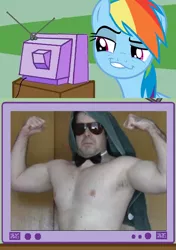 Size: 420x597 | Tagged: safe, derpibooru import, rainbow dash, dreamworks face, dross, dross rotzank, el troll, exploitable meme, faic, fake, meme, muscles, obligatory pony, smirk, smug, smugdash, troll, tv meme