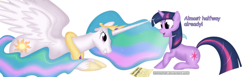 Size: 6339x2023 | Tagged: suggestive, artist:haltie, derpibooru import, princess celestia, twilight sparkle, drool, drool string, female, grin, implied hornjob, lesbian, open mouth, prone, raised hoof, sharp horn, shipping, smiling, spread wings, tongue out, twilestia, wingboner
