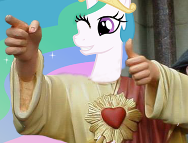 Size: 367x280 | Tagged: buddy christ, derpibooru import, dogma, jesus christ, princess celestia, safe