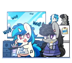 Size: 1000x880 | Tagged: safe, artist:lifeloser, derpibooru import, octavia melody, vinyl scratch, pony, epic wub time, apron, bed mane, bipedal, chibi, clothes, cloud, cooking, kitchen, morning, mountain, octavia is not amused, open mouth, plushie, sky, smiling, unamused, wub