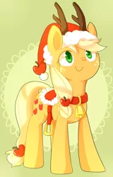 Size: 920x1440 | Tagged: safe, artist:sion, derpibooru import, applejack, bell, bell collar, collar, hat, reindeer antlers, saddle, santa hat, solo