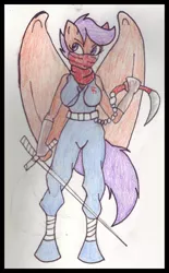 Size: 384x620 | Tagged: anthro, artist:drpain, bipedal, crossover, cypher, derpibooru import, falchion, safe, scootaloo, solo, strider, strider hiryu, traditional art, weapon