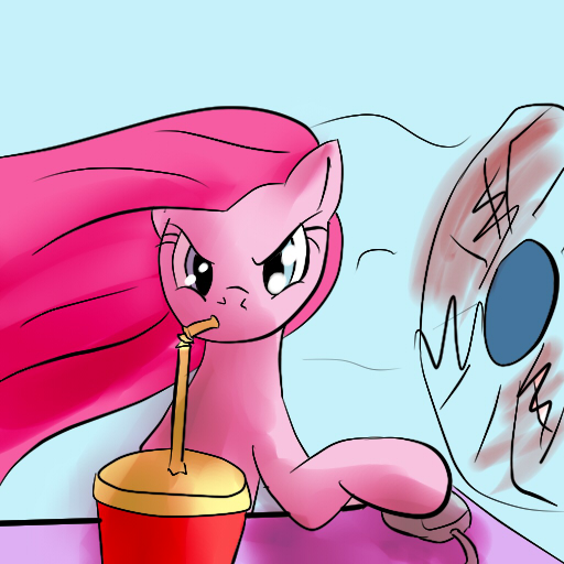 Size: 512x512 | Tagged: artist:snus-kun, derpibooru import, drink, fan, pinkamena diane pie, pinkie pie, safe, solo, source needed