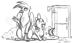 Size: 1280x762 | Tagged: source needed, safe, artist:ribnose, derpibooru import, gilda, spike, dragon, gryphon, cigarette, duo, grayscale, image, monochrome, png, sitting, smoking