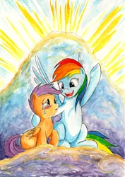 Size: 1649x2333 | Tagged: safe, artist:souleatersaku90, derpibooru import, rainbow dash, scootaloo, crying, request, traditional art, watercolor painting