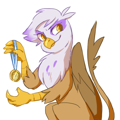 Size: 400x400 | Tagged: artist needed, dead source, safe, derpibooru import, gilda, gryphon, ask gilda, female, folded wings, image, medal, png, showing off, sitting, smug, solo, wings