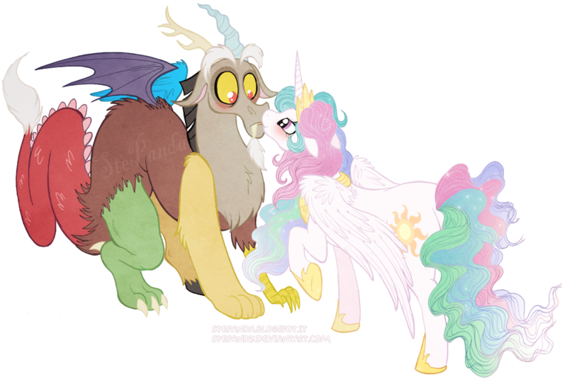 Size: 1088x737 | Tagged: safe, artist:stepandy, derpibooru import, discord, princess celestia, blushing, dislestia, eye contact, female, floppy ears, fluffy, frown, kissing, male, messy mane, raised hoof, shipping, simple background, smiling, straight, surprise kiss, surprised, transparent background, vector, wide eyes