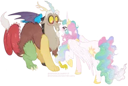 Size: 1088x737 | Tagged: safe, artist:stepandy, derpibooru import, discord, princess celestia, blushing, dislestia, eye contact, female, floppy ears, fluffy, frown, kissing, male, messy mane, raised hoof, shipping, simple background, smiling, straight, surprise kiss, surprised, transparent background, vector, wide eyes