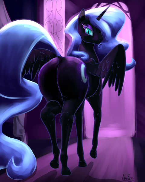 Size: 1250x1562 | Tagged: suggestive, artist:nivrozs, derpibooru import, nightmare moon, alicorn, horse, pony, bedroom eyes, dock, eyelashes, eyeshadow, featureless crotch, female, looking at you, looking back, mare, missing accessory, nightmare moonbutt, plot, raised hoof, raised leg, raised tail, solo, solo female, spread wings, standing, stupid sexy nightmare moon, tail, underhoof, walking