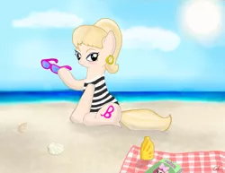 Size: 800x618 | Tagged: artist:flutteryay56, barbie, beach, clothes, derpibooru import, glasses, one-piece swimsuit, ponified, safe, solo, sunglasses, swimsuit