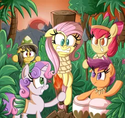 Size: 1200x1128 | Tagged: apple bloom, artist:daniel-sg, barbarian, bondage, bongos, burning at the stake, clothes, cutie mark crusaders, daring do, derpibooru import, drums, execution, flutterbuse, fluttershy, grass skirt, jungle, leaf skirt, lord of the flies, miniskirt, musical instrument, peril, sacrifice, safe, scootaloo, skirt, spear, stake, sweetie belle, torch, unsexy bondage, weapon