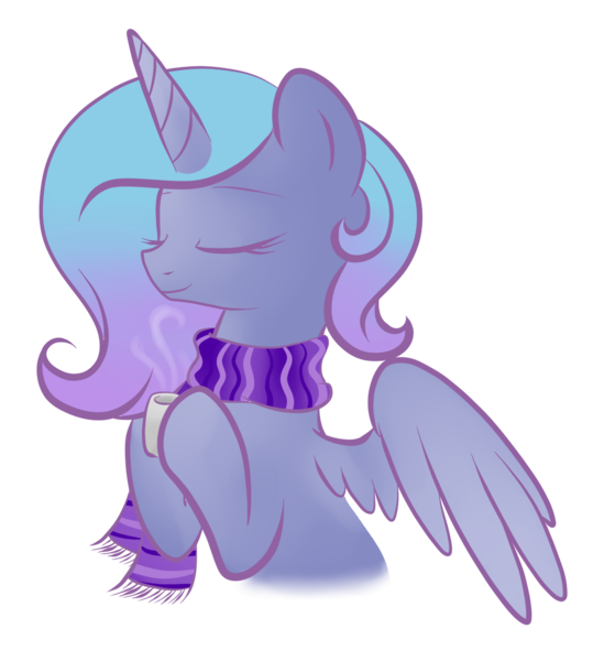 Size: 1183x1293 | Tagged: artist:pinkamenaspy, clothes, derpibooru import, eyes closed, mug, princess luna, s1 luna, safe, scarf, simple background, smiling, solo, steam