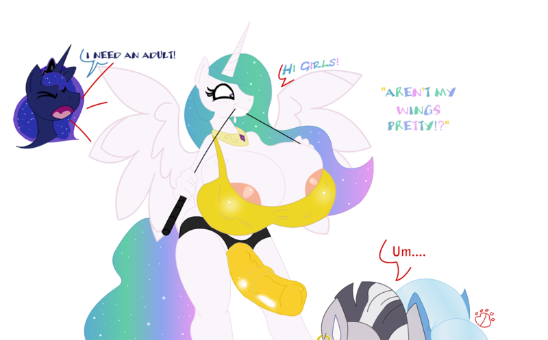 Size: 1100x684 | Tagged: anthro, artist:badgerben, big breasts, breasts, busty princess celestia, female, huge breasts, impossibly large breasts, lesbian, nipples, nudity, princess celestia, princess luna, questionable, sex toy, shipping, simple background, strapon, transparent background, trixie, trixlestia, whip, zebra, zecora, zelestia