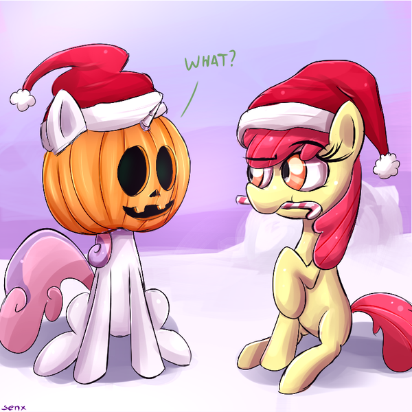 Size: 800x800 | Tagged: apple bloom, artist:senx, derpibooru import, halloween, hat, holiday, jack-o-lantern, pumpkin, safe, santa hat, snow, sweetie belle