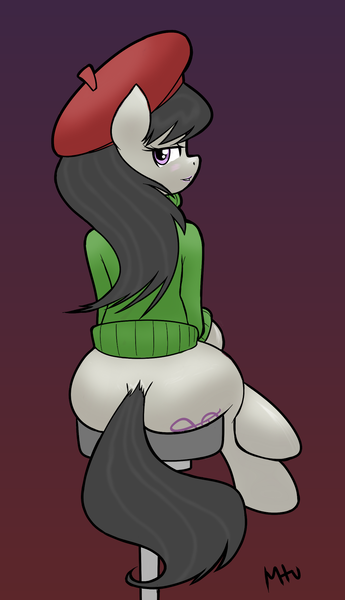 Size: 1104x1920 | Tagged: artist:miketheuser, artist:muh-arts, bedroom eyes, clothes, colored, derpibooru import, edit, hat, octavia melody, plot, plot rest, safe, simple background, sitting, solo, sweater