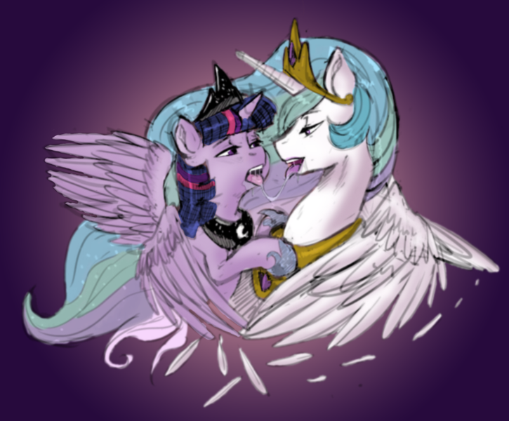 Size: 800x662 | Tagged: questionable, artist:kevinsano, artist:muh-arts, derpibooru import, edit, princess celestia, twilight sparkle, twilight sparkle (alicorn), alicorn, pony, colored, drool, drool string, female, kissing, lesbian, low-res, mare, shipping, sloppy kissing, twilestia