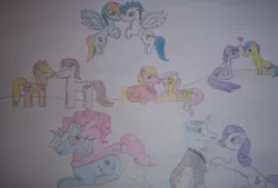 Size: 1024x694 | Tagged: safe, artist:azittlow101, derpibooru import, applejack, big macintosh, caramel, comet tail, fancypants, fluttershy, pinkie pie, pokey pierce, rainbow dash, rarity, soarin', twilight sparkle, twilight sparkle (alicorn), alicorn, pony, blushing, carajack, cometlight, female, fluttermac, heart, male, mane six, palindrome get, pokeypie, raripants, shipping, soarindash, straight, traditional art