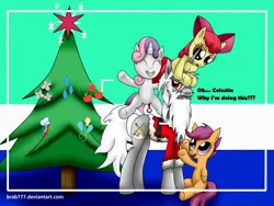 Size: 1032x774 | Tagged: apple bloom, artist:brab777, christmas, christmas tree, clothes, costume, cutie mark crusaders, dead source, derpibooru import, hearth's warming eve, holiday, oc, safe, santa costume, scootaloo, sweetie belle, tree