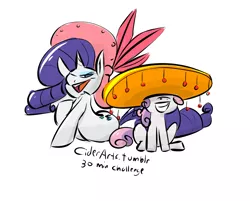 Size: 946x760 | Tagged: safe, artist:cider, derpibooru import, rarity, sweetie belle, 30 minute art challenge, bedroom eyes, feather, giant hat, grin, hat, open mouth, sitting, smiling, sombrero