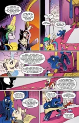 Size: 1400x2154 | Tagged: bouncing, comic, derpibooru import, dragging, eyes closed, happy, idw, idw advertisement, jumping, kibitz, magic, moustache, mouth hold, open mouth, pillow, preview, princess luna, pronking, safe, smiling, smirk, spoiler:comicm10, talking, throne, tiberius, wide eyes