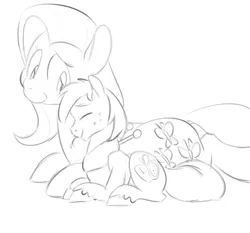 Size: 750x700 | Tagged: safe, artist:goat train, deleted from derpibooru, derpibooru import, big macintosh, fluttershy, earth pony, pony, cute, eyes closed, fluttermac, lying, lying down, male, monochrome, prone, role reversal, shipping, size difference, smiling, stallion, straight, switch