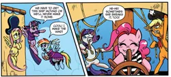 Size: 1007x457 | Tagged: safe, derpibooru import, idw, applejack, fluttershy, pinkie pie, rainbow dash, rarity, twilight sparkle, twilight sparkle (alicorn), alicorn, pony, spoiler:comic, spoiler:comic14, fart joke, female, humor, implied farting, mane six, mare