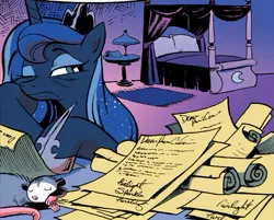 Size: 461x371 | Tagged: safe, derpibooru import, idw, princess luna, tiberius, opossum, spoiler:comicm10, bed, bedroom, bored, lamp, letter, scroll, tired, wink, wrinkles