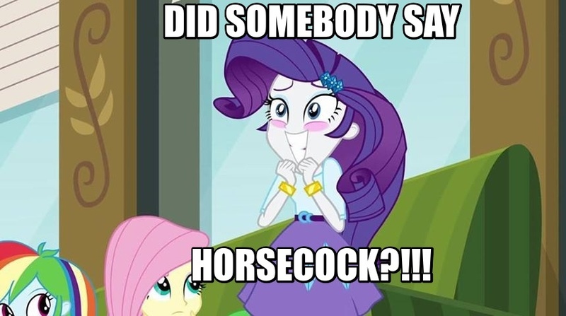 Size: 859x480 | Tagged: suggestive, derpibooru import, edit, edited screencap, screencap, fluttershy, rainbow dash, rarity, equestria girls, caption, horsecock, image macro, irrational exuberance, meme, solo, text, vulgar