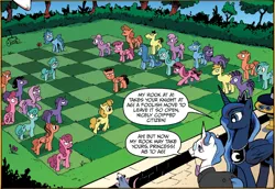 Size: 1230x845 | Tagged: andy you magnificent bastard, artist:andypriceart, background pony, chess, derpibooru import, faic, fancypants, history of the world, history of the world: part i, idw, living chess, opossum, opssum, part i, princess luna, safe, spoiler:comicm10, tiberius, unamused