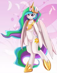 Size: 1175x1500 | Tagged: safe, artist:zokkili, derpibooru import, princess celestia, pony, semi-anthro, belly button, bipedal, eyelashes, looking at you, smiling, solo, standing
