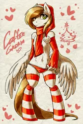 Size: 1200x1800 | Tagged: anthro, anthro oc, artist:maccoffee, chest fluff, clothes, crossdressing, derpibooru import, evening gloves, fingerless gloves, frilly underwear, gloves, hat, male, oc, oc:coffee cream, panties, partial nudity, pegasus, santa hat, scarf, socks, solo, solo male, striped socks, suggestive, topless, trap, underwear, unofficial characters only