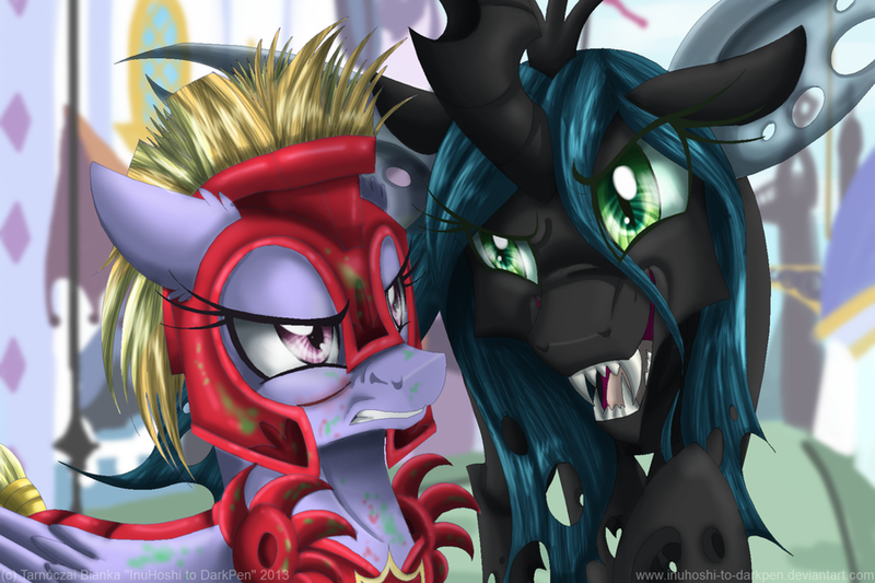 Size: 900x600 | Tagged: armor, artist:inuhoshi-to-darkpen, blood, cloud kicker, derpibooru import, dreamworks face, fanfic, fanfic:the life and times of a winning pony, floppy ears, glare, gritted teeth, open mouth, queen chrysalis, raised eyebrow, semi-grimdark, sharp teeth, smiling, winningverse