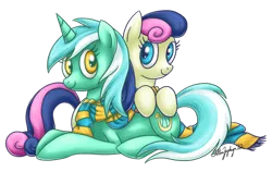 Size: 900x569 | Tagged: safe, artist:fallenzephyr, derpibooru import, bon bon, lyra heartstrings, sweetie drops, earth pony, pony, unicorn, female, lesbian, lyrabon, mare, scarf, shipping