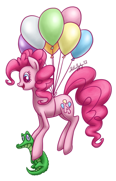 Size: 600x938 | Tagged: artist:fallenzephyr, balloon, derpibooru import, gummy, pinkie pie, safe