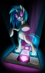 Size: 699x1144 | Tagged: arcade, artist:fallenzephyr, bipedal, dance dance revolution, dancing, dark, derpibooru import, glow, safe, solo, vinyl scratch