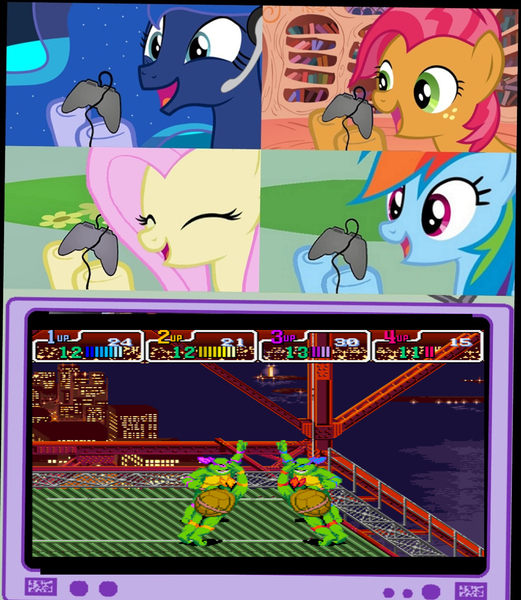 Size: 1148x1322 | Tagged: babs seed, derpibooru import, exploitable meme, fluttershy, gamer babs, gamerdash, gamer luna, gamershy, meme, obligatory pony, princess luna, rainbow dash, safe, teenage mutant ninja turtles, tv meme, video game