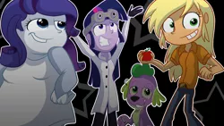 Size: 1366x768 | Tagged: safe, artist:fj-c, derpibooru import, applejack, rarity, spike, twilight sparkle, dog, equestria girls, fat, jappleack, pony.mov, slaverty, spike the dog, stoner spike, twilight mengele