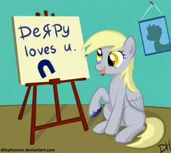 Size: 2721x2434 | Tagged: safe, artist:shiarr, derpibooru import, derpy hooves, pegasus, pony, :p, blank flank, bronybait, cute, derpabetes, female, love, mare, nose wrinkle, paint, paint on fur, raised hoof, sitting, smiling, solo, tongue out