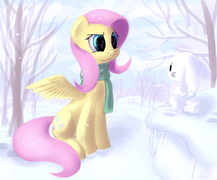 Size: 1500x1241 | Tagged: angel bunny, artist:hieronymuswhite, clothes, fluttershy, safe, scarf, snow, snowball, snowfall