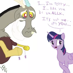 Size: 1000x1000 | Tagged: safe, artist:php21, derpibooru import, discord, twilight sparkle, twilight sparkle (alicorn), alicorn, pony, awkward, breakup, crying, female, friends, mare, necklace, rejection