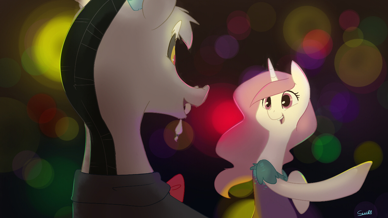 Size: 1280x720 | Tagged: artist:swomswom, dancing, derpibooru import, discord, pink-mane celestia, princess celestia, safe, younger