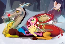 Size: 1280x864 | Tagged: artist:monsieurwilliam, christmas, clothes, derpibooru import, discord, fluttershy, knitting, magic, red nose, roleplaying, safe, santa claus, scarf, snow