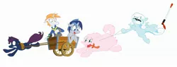 Size: 2904x1104 | Tagged: safe, artist:wigmania, derpibooru import, oc, oc:fluffle puff, oc:homage, oc:littlepip, oc:nyx, oc:snowdrop, unofficial characters only, alicorn, pegasus, pony, unicorn, fallout equestria, fanfic, alicorn oc, blind joke, chase, clothes, collar, fanfic art, female, floppy ears, frown, gritted teeth, horn, leash, mare, open mouth, pipbuck, pulling, random, running, scared, simple background, smiling, sunglasses, vault suit, wagon, white background, wide eyes